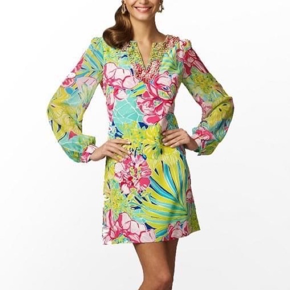 Lilly Pulitzer Saemus Dress Schooner Blue Land Escape Beaded Rhinestone Neckline - Picture 1 of 8